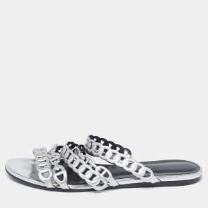 Hermes Silver Leather  D'ancre Chaine Flat Sandals Size 36