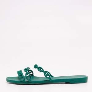 Hermes Teal Rubber D'ancre Chaine Rivage Flat Slides Size 41