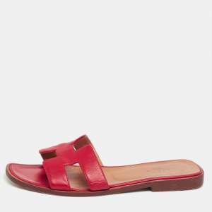 Hermes Red Leather Oran Sandals Size 37.5