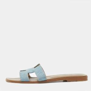 Hermes Blue Denim Oran Flat Sandals Size 38