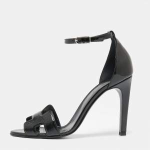 Hermes Black Patent Premiere Ankle Strap Sandals Size 39.5