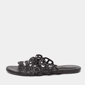 Hermes Black Leather D'ancre Chaine Flat Slides Size 38.5