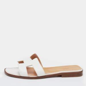 Hermes White Leather Oran Flats Size 38