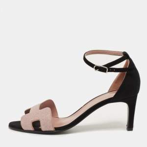 Hermes Pink/Black Crystals and Suede Premiere Ankle-Strap Sandals Size 40