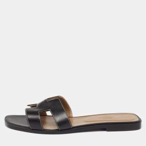 Hermes Black Leather Oran Flat Sandals Size 41.5