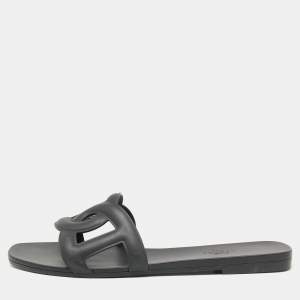 Pre Owned Hermes Black Rubber Aloha Flat Slides Size 39