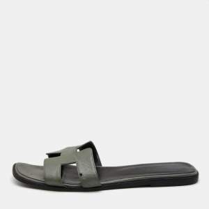Hermes Grey/Black Leather Oran Flat Slides Size 40.5