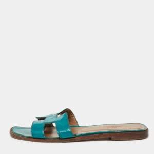 Hermes Teal Patent Leather Oran Flat Slides Size 36.5