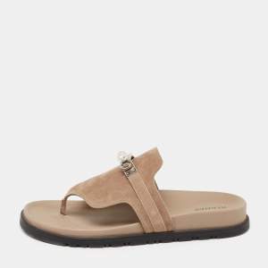 Hermes Beige Suede Empire Flat Slides Size 38