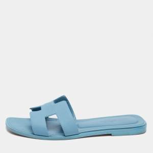 Hermes Light Blue Leather Oran Flat Slides Size 39