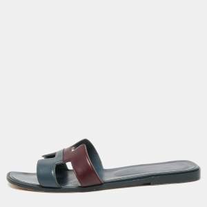Hermes Two Tone Leather Oran Flat Slides Size 40.5