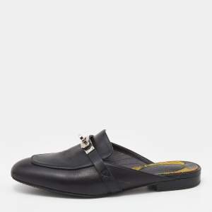 Hermes Black Leather Palladium Plated Oz Flat Mule Sandals Size 36