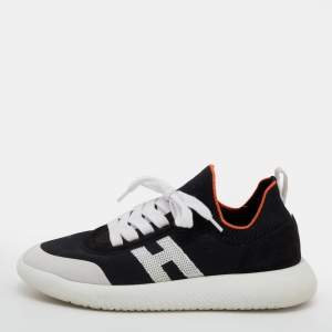 Hermes Black/White Suede And Knit Fabric Low Top Sneakers Size 39.5