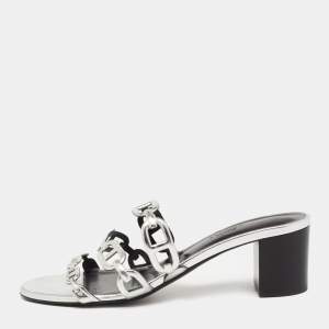Hermes Silver Leather Chaine D'Ancre Slide Sandals Size 38.5