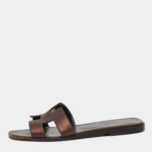 Hermes Metallic Dark Brown Leather Oran Flat Slides Size 37