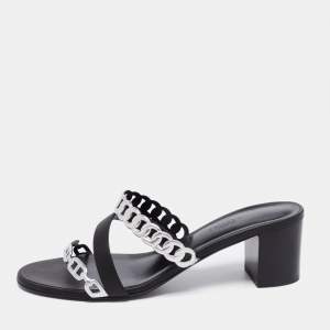 Hermes Black/Silver Leather Ajaccio Block Heel Slide Sandals Size 38