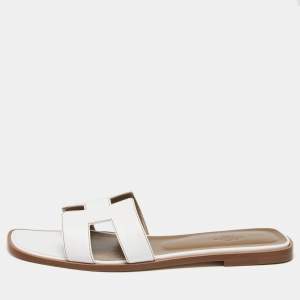 Hermes White Leather Oran Flat Slide Sandals Size 41