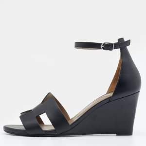 Hermes Black Leather Legend Ankle Strap Wedge Sandals Size 37