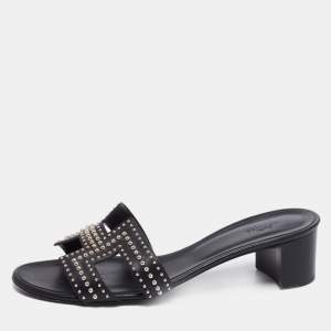 Hermes Black Leather Studded Oasis Block Heel Sandals Size 40