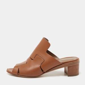 Hermes Brown Leather Block Heel Slide Sandals Size 36