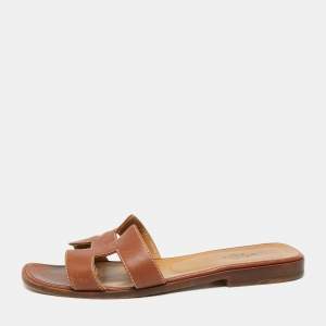 Hermès  Brown Leather Oran Flat Sandals Size 37