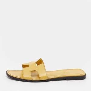 Hermes Yellow Textured Patent Leather Oran Flats Size 38