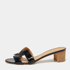 Hermes Black Patent Leather Oasis  Sandals Size 40.5