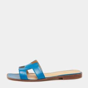 Hermes Blue Leather Oran Flat Slides Size 40 