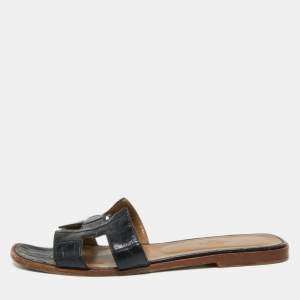 Hermes Black Croc Embossed Leather Oran Flat Slides Size 40