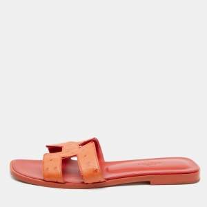 Hermes Orange Ostrich Leather Oran Flat Sandals Size 37