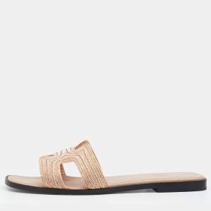 Hermes Blush Pink Twill Oran Herringbone Dabka Slide Flats Size 38.5