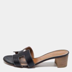 Hermes Black Leather Oasis Block Heel Slide Sandals Size 38