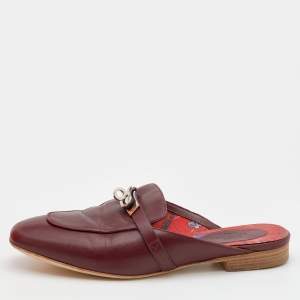 Hermes Burgundy Leather Palladium Plated Oz Mules Size 37