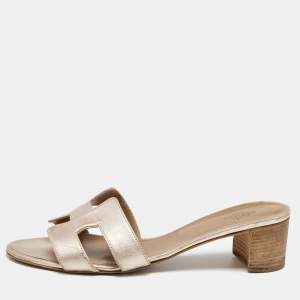 Hermes Rose Gold Leather Oasis Slide Sandals Size 39.5