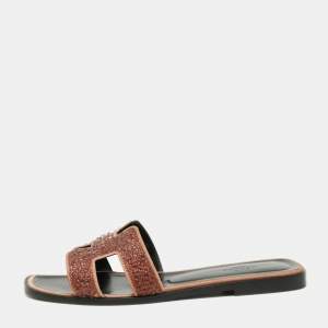 Hermes Brown Glitter Embellished  Oran Flat Sandals Size 39