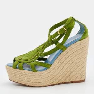 Hermes Green Suede Wedge Espadrille Platform Sandals Size 37