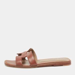 Hermes Brown Leather Oran Flat Slides Size 37.5