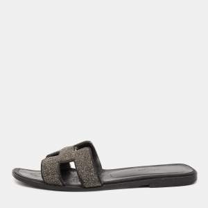 Hermés Black Crystal Embellished Suede Oran Flat Sandals Size 38