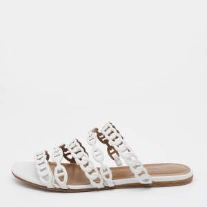 Hermes White Leather Thalassa Flat Slide Sandals Size 37.5