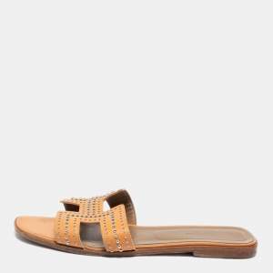 Hermes Brown Leather Studded Oran Sandals Size 41