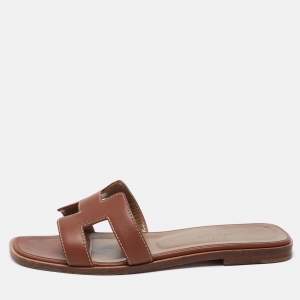 Hermes Brown Leather Oran Flat Slides Size 36