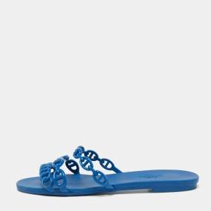 Hermés Blue Rubber Chaîne d'Ancre Rivage Flat Slides Size 36