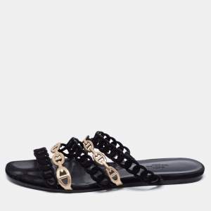 Hermès Black/Gold Suede and Leather D'ancre Chaine Flat Slides Size 39