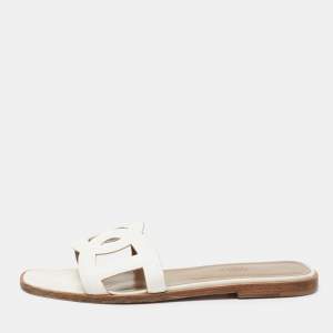 Hermes White Leather Omaha Flat Slides Size 40