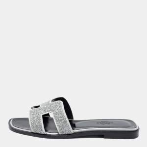 Hermes Silver/Grey Crystals and Suede Trim Oran Flat Slides Size 36