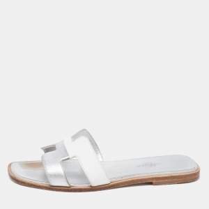 Hermes Silver/White Leather Oran Flat Sandals Size 36.5