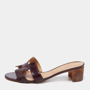 Hermes Burgundy Patent Leather Oasis Slide Sandals Size 38.5