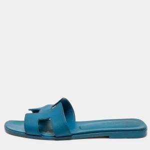 Hermes Blue Leather Oran Flat Sandals Size 39