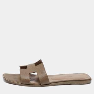 Hermes Tortilla Brown Leather Oran Flat Slide Sandals Size 40.5