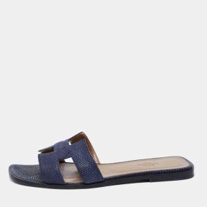 Hermes Navy Blue Lizard Leather Oran Flat Slide Sandals Size 39.5